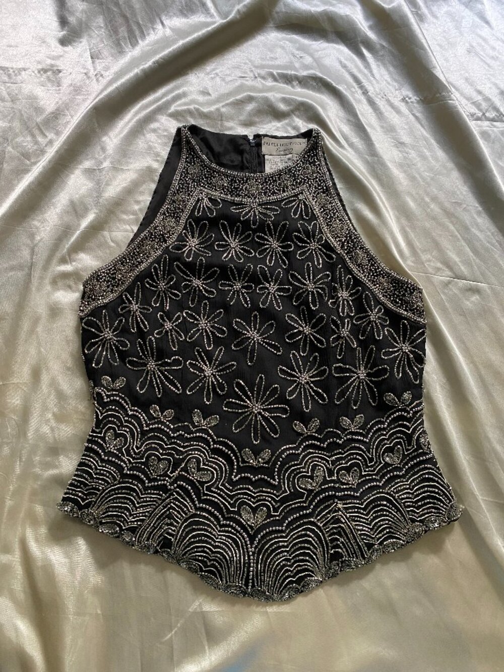 Vintage 1990s 100% Silk Black Silver Beaded Floral Blouse Boho Small